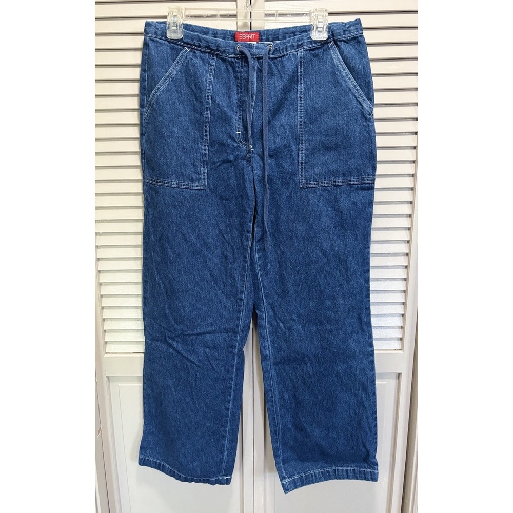 Esprit Wide Leg Pull On Denim Jeans Tie Waist Size M Mid Rise Logo Pockets